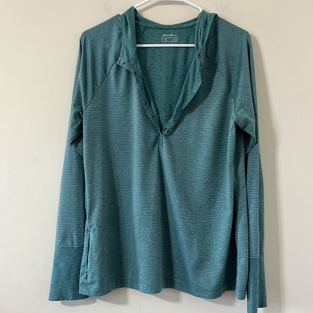Eddie Bauer Green Striped Long Sleeve Lightweight Pullover Hoodie Size L - Picture 8 of 11